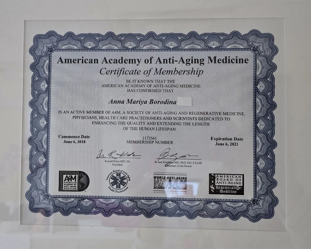 American Academy of Anti-Aging Medicine certificate of membership for Anna Mariya Borodina