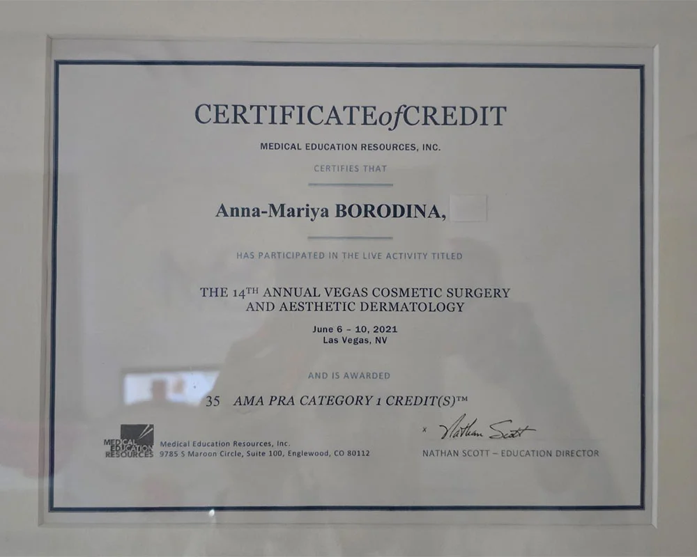 Vegas Cosmetic Surgery and Aesthetic Dermatology certificate for Anna Mariya Borodina