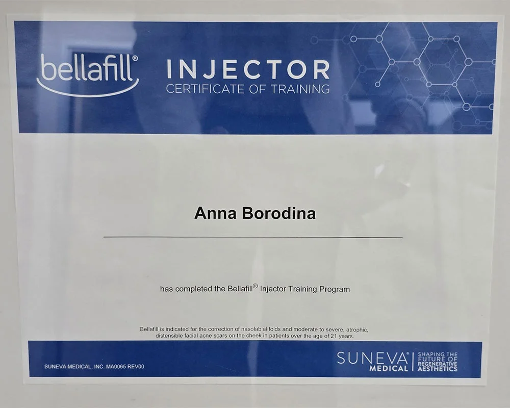 Bellafill injector training program certificate for Anna Mariya Borodina