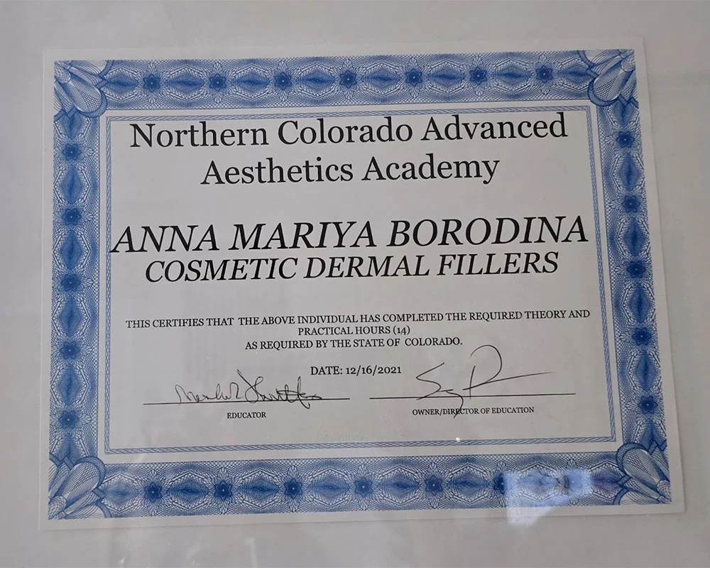 Cosmetic dermal fillers certificate for Anna Mariya Borodina