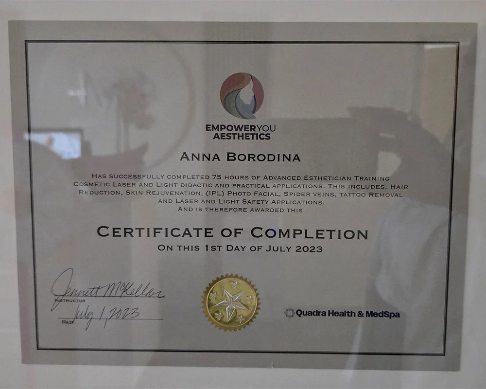 Advanced cosmetic laser training certificate for Anna Mariya Borodina