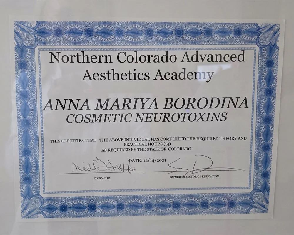 Cosmetic neurotoxins certificate for Anna Mariya Borodina