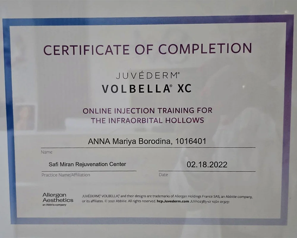 Juvederm Volbella XC injection training certificate for Anna Mariya Borodina
