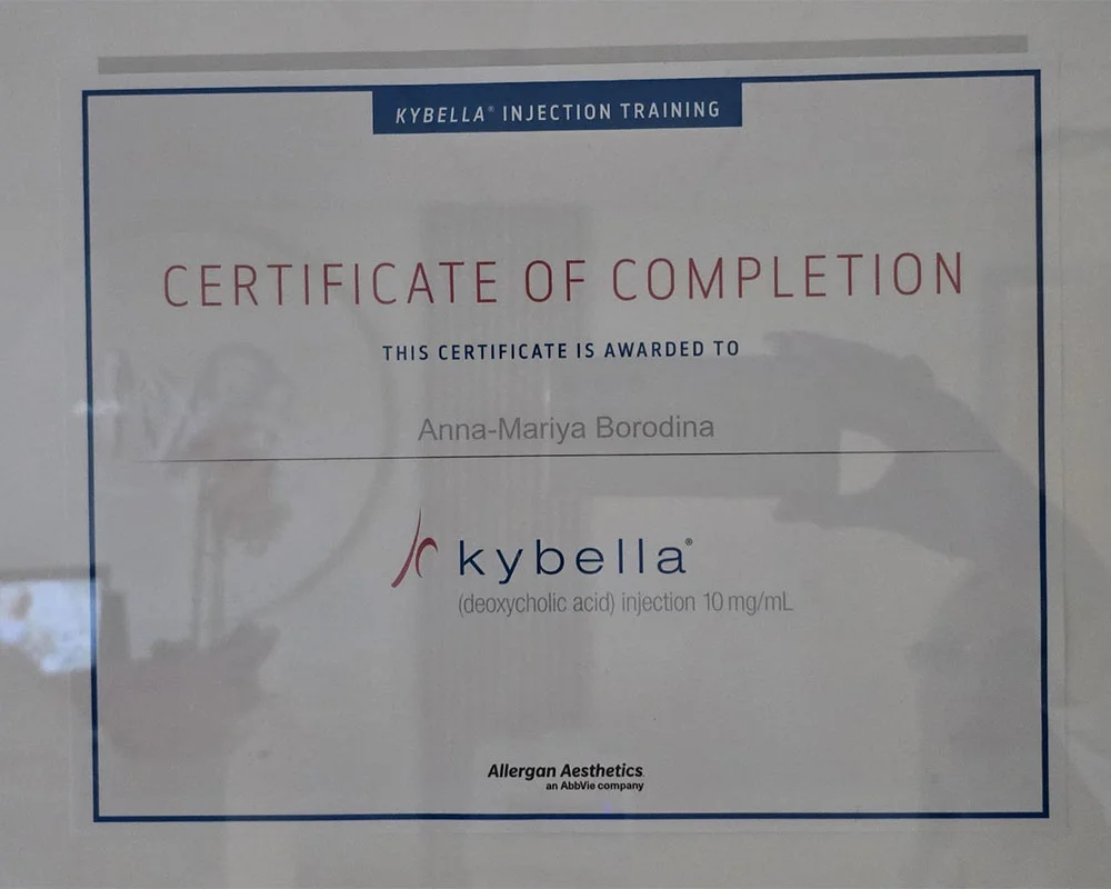 Kybella injection training certificate for Anna Mariya Borodina