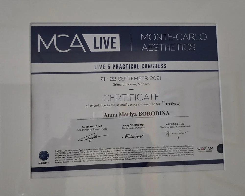 Monte Carlo Aesthetics Live Congress certificate for Anna Mariya Borodina