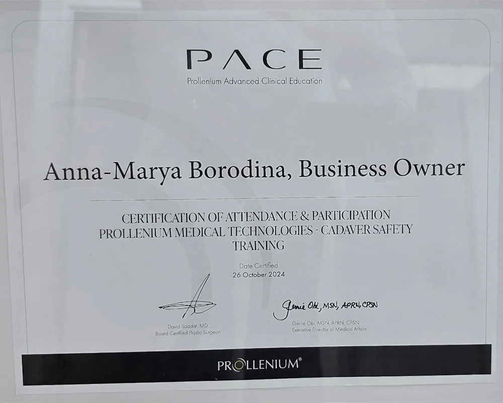 Prollenium PACE cadaver safety training certificate for Anna Mariya Borodina