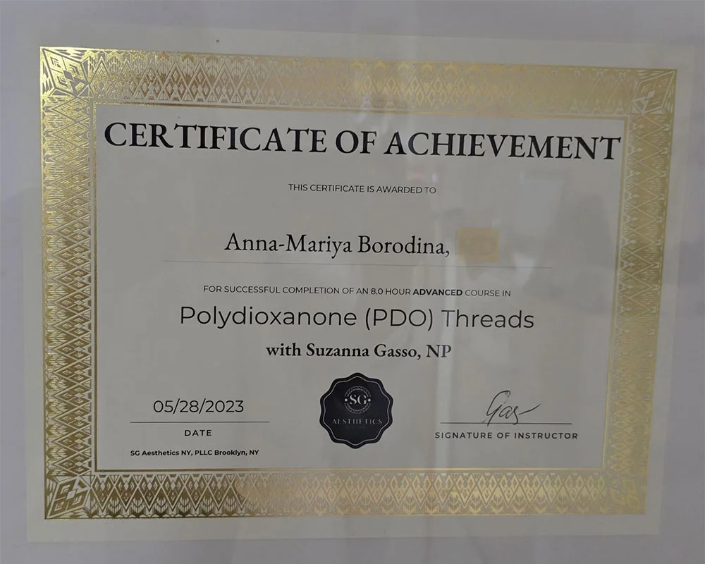 Polydioxanone PDO threads certificate for Anna Mariya Borodina