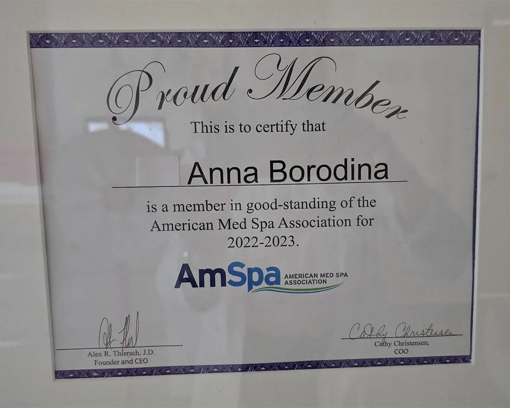 American Med Spa Association member in good standing certificate for Anna Mariya Borodina
